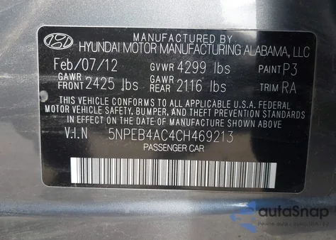 2012 Hyundai Sonata Gls z USA, uszkodzony, nr VIN 5NPEB4AC4CH469213